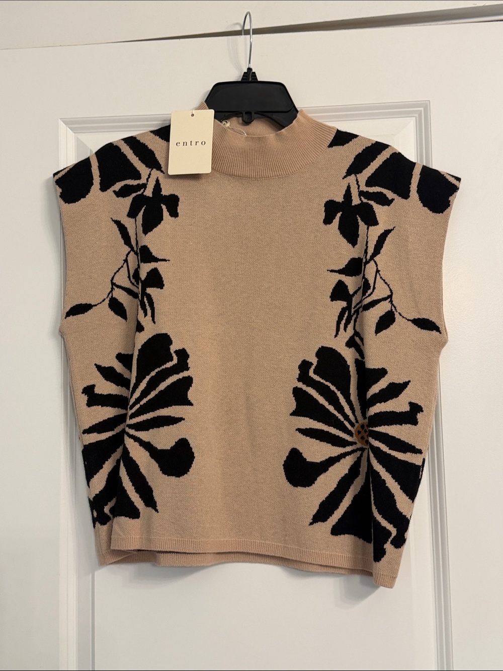 Entro Tan & Black Floral Sleeveless Mock Neck Knit Top